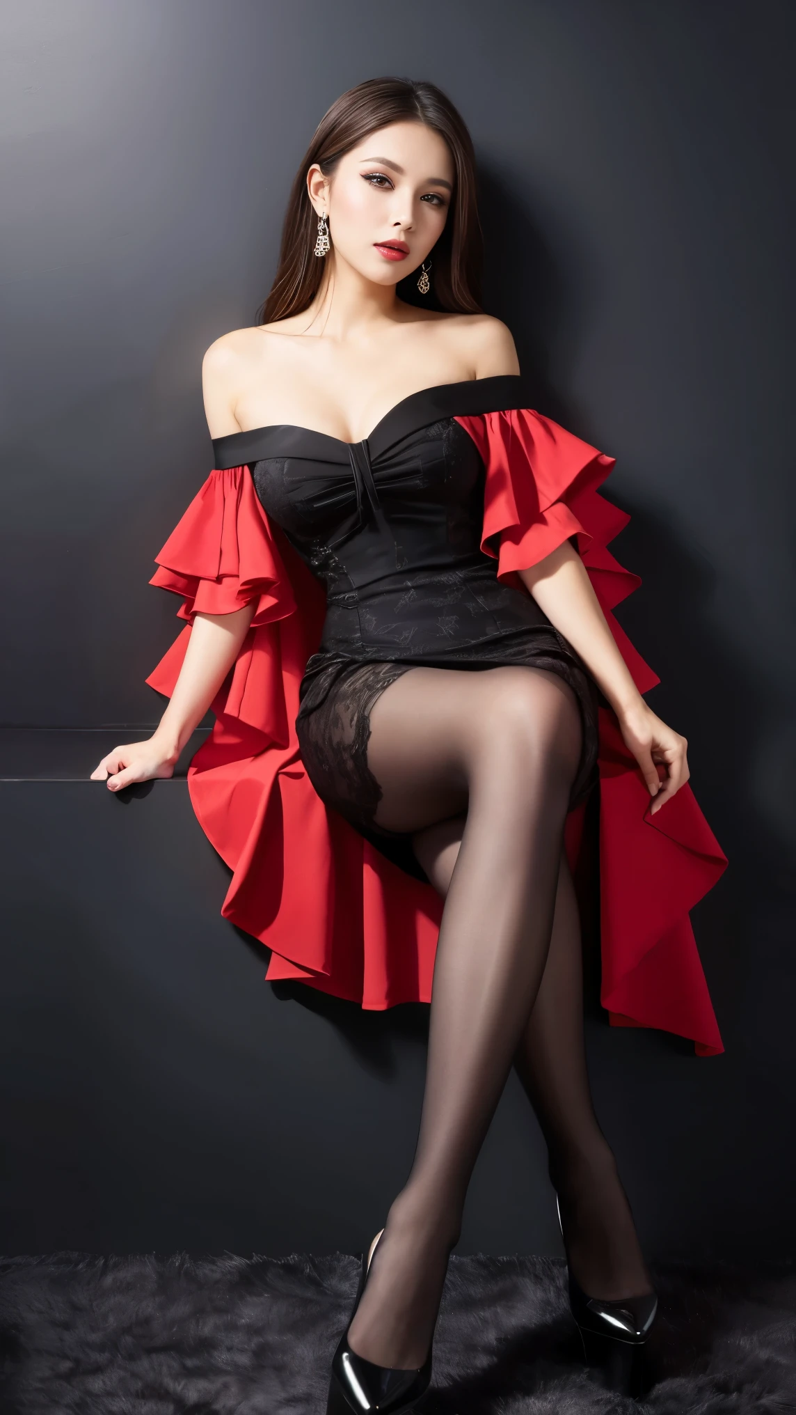 Highest quality,masterpiece,Ultra-high resolution,(Actual:1.4),Original photo,Ultra-high resolution，8k，There are also women，Fair skin，Big wave diamond purple and cool black collaboration dress:1.5，High heels，Super realistic and elegant patterned pantyhose, Long legs:1.5，Bright and beautiful，high waist，Flashy makeup using red eyeshadow，