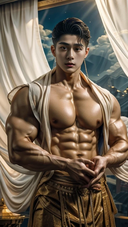 disconsolate，Ambient，artistic conception，large scene，The wind blew up the white curtains，Dattain lamps，Diffuse light，chest muscle，detailed face, Shirtless, stubbles, Sideburns, musculature, Strong handsome korean  guy， a golden statue of handsome men god , multiple hands holding some weapons, , Hanfu，Golden blue、Jing Qing Moqing、jackson wang, Plain cherry blue，Junyi，Dignified atmosphere，Temperament，Short hair, Flat-headed beautiful man，The light is gentle，The scene comes to life