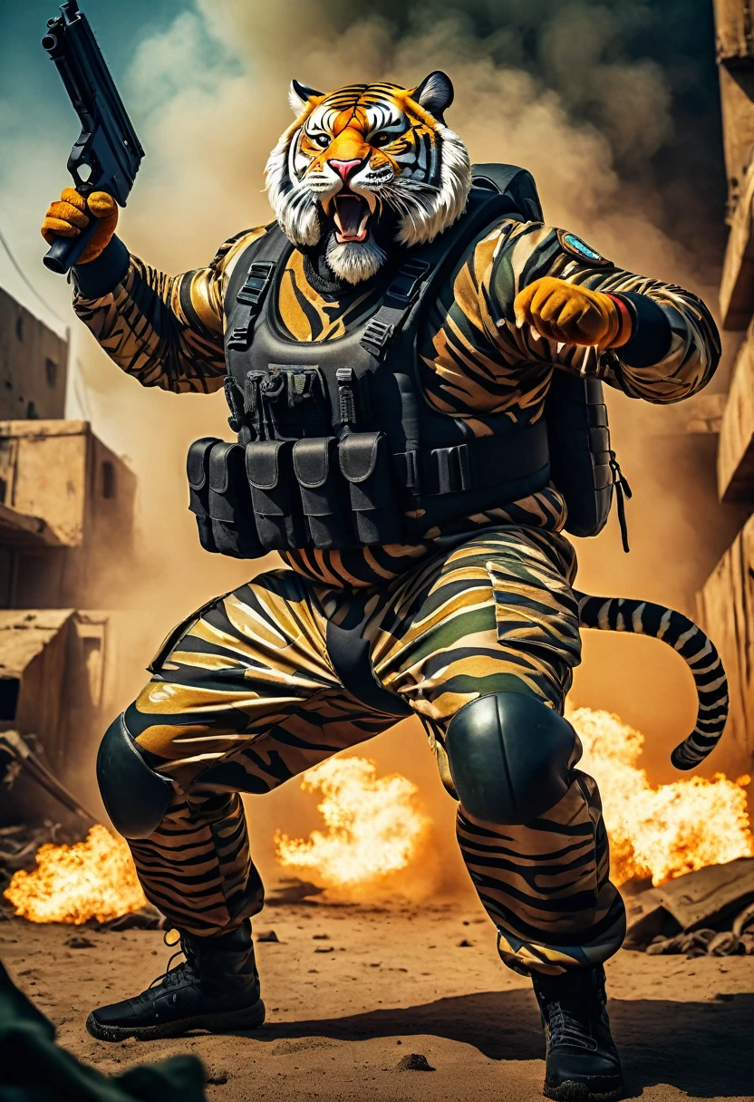 (a dark-skinned bearded fat muscular old man in a bulky army camouflage zipper diver suit) carrying a gun, (wearing realistic roaring tiger mask), dynamic action pose, fierce expression, showcasing an imposing stature, surrounded by military elements, dramatic shadows and intense highlights, cinematic color tones, high detail, powerful, art influenced by Bruce Onobrakpeya and Stanley Artgerm, ultra-detailed, best quality image, action-packed atmosphere. fighting stance