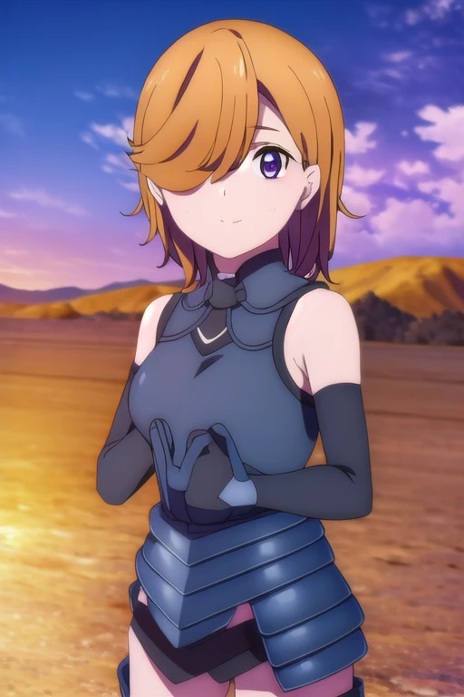mashkyrielight, mash kyrielight, short hair, (purple eyes:1.1), pink hair, (hair over one eye:1.5), smile,
BREAK gloves, bare shoulders, elbow gloves, armor, black armor,
BREAK outdoors, desert, sky, sun, clouds,
BREAK looking at viewer, (cowboy shot:1.5),
BREAK (masterpiece:1.2), best quality, high resolution, unity 8k wallpaper, (illustration:0.8), (beautiful detailed eyes:1.6), extremely detailed face, perfect lighting, extremely detailed CG, (perfect hands, perfect anatomy),