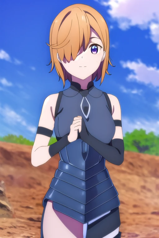 mashkyrielight, mash kyrielight, short hair, (purple eyes:1.1), pink hair, (hair over one eye:1.5), smile,
BREAK gloves, bare shoulders, elbow gloves, armor, black armor,
BREAK outdoors, desert, sky, sun, clouds,
BREAK looking at viewer, (cowboy shot:1.5),
BREAK (masterpiece:1.2), best quality, high resolution, unity 8k wallpaper, (illustration:0.8), (beautiful detailed eyes:1.6), extremely detailed face, perfect lighting, extremely detailed CG, (perfect hands, perfect anatomy),