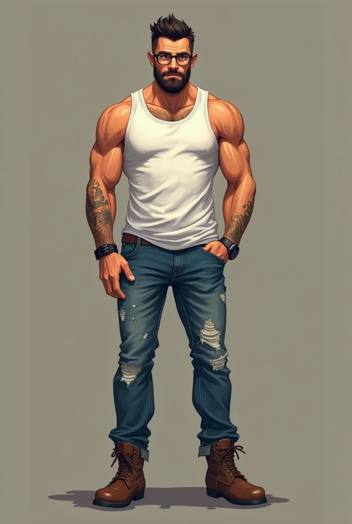 mascle, brawny, glasses, White tank top, tattered jeans, brown boots, watch on wrist, arm hair, barba, Gradient, is 30 years old, mellow, Pants marked with volume