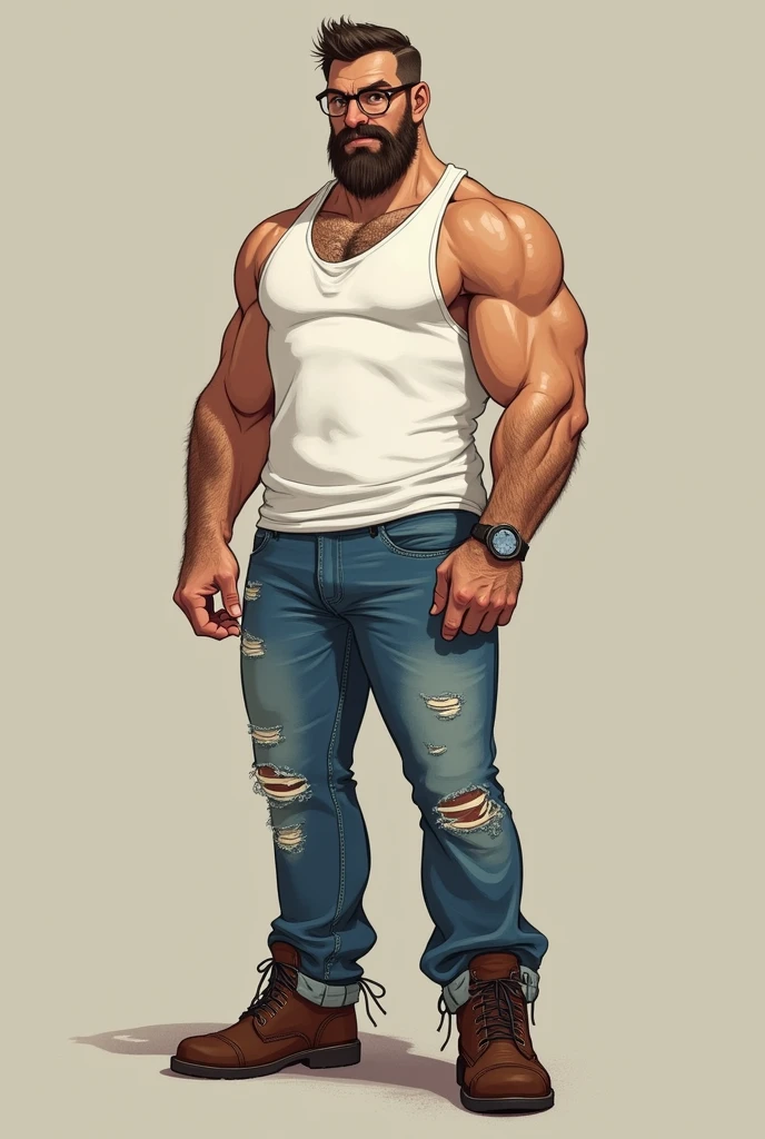 mascle, brawny, glasses, White tank top, tattered jeans, brown boots, watch on wrist, arm hair, barba, Gradient, is 30 years old, mellow, Pants marked with volume