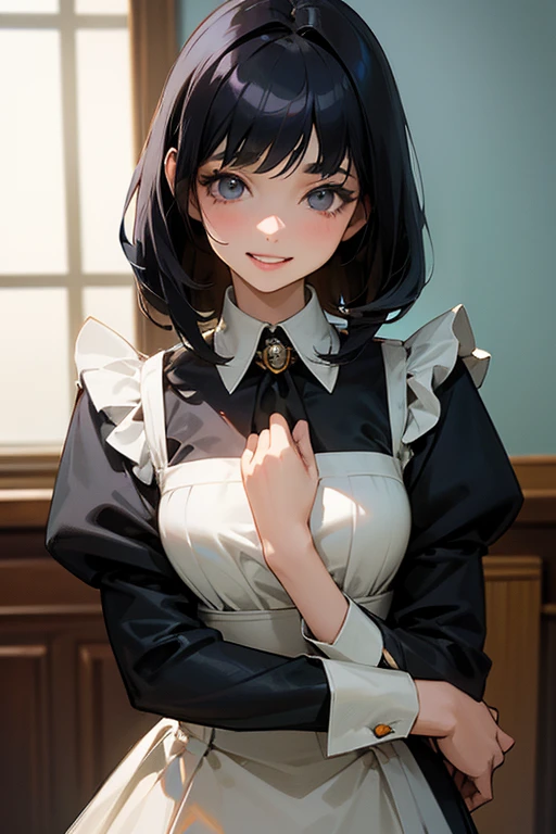 (Highest Resolution, clear_image) Highest quality, single, One woman, alone, masterpiece, Very detailed, Semi-realistic, Black Hairのショートヘア, Black Hair, bangs, 18-year-old, mature, Light blue , Indoor Background, kind, Authoritative, Powerful, exquisite features, exquisite features、Eyelashes become longer、Showing teeth、smile😀、Maid clothes、woman&#39;Fingers in the、Sleeping on the sofa、Long Hair、Fluttering in the wind、((Change of clothes)).