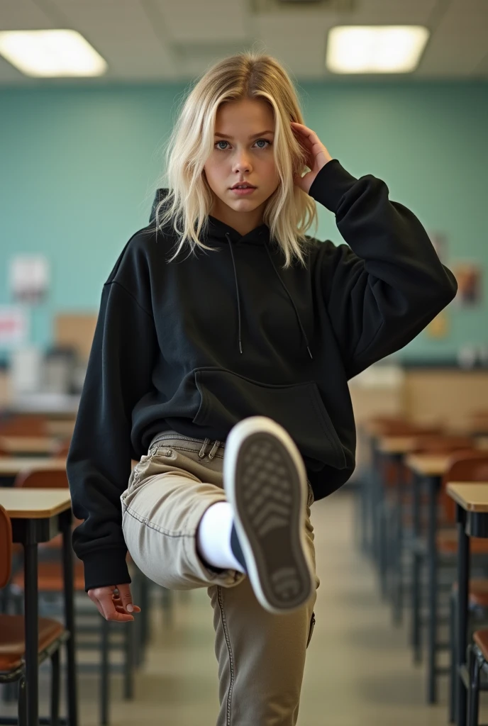 High school white girl, blonde hair, blue eyes, tight khaki pants, black high top converse shoes, black hoodie, white socks, kicking into the air, classroom background, full body, sexy pose.