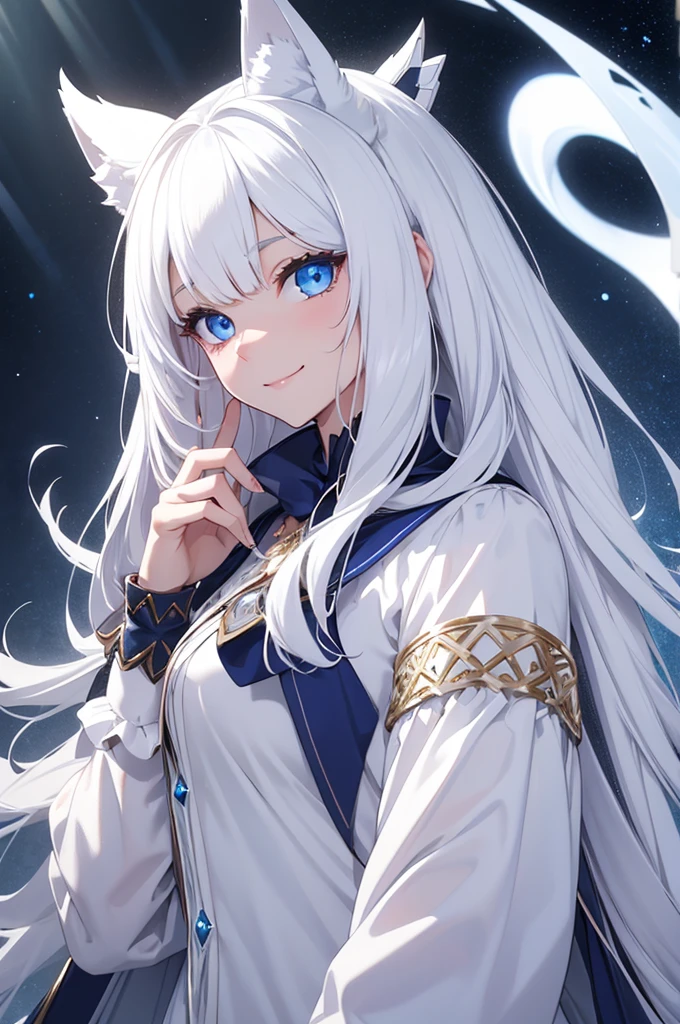 Highest quality, Super Fine, 16K, Incredibly absurd, Very detailed, Cute white wolf beast girl, Big Ears, Big round iridescent blue eyes, smile, shy, She&#39;s wearing a cute frilly white dress, Cooking on an apron, Big black ribbon at waist, background log cabin fairy tale kitchen