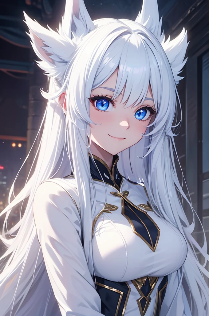 Highest quality, Super Fine, 16K, Incredibly absurd, Very detailed, Cute white wolf beast girl, Big Ears, Big round iridescent blue eyes, smile, shy, She's wearing a cute frilly white dress, Cooking on an apron, Big black ribbon at waist, background log cabin fairy tale kitchen