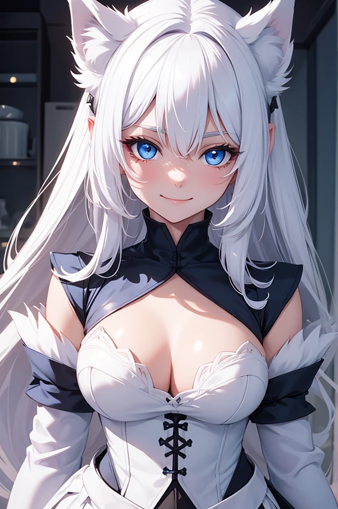 Highest quality, Super Fine, 16K, Incredibly absurd, Very detailed, Cute white wolf beast girl, Big Ears, Big round iridescent blue eyes, smile, shy, She&#39;s wearing a cute frilly white dress, Cooking on an apron, Big black ribbon at waist, background log cabin fairy tale kitchen