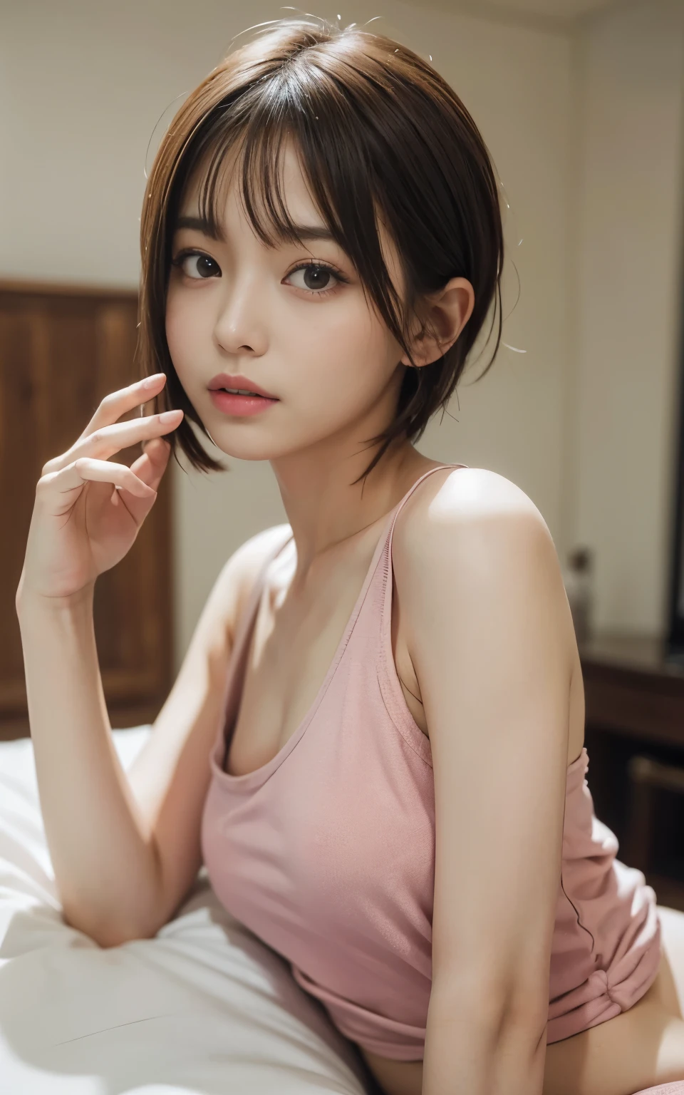 Cute 21 years old Japan、on the beds、Red tank top、Super Detail Face、Eye of Detail、double eyelid、beautiful thin nose、sharp focus:1.2、prety woman:1.4、(light brown hair,short cut hair,、top-quality、masterpiece、超A high resolution、(Photorealsitic:1.4)、full body Esbian、