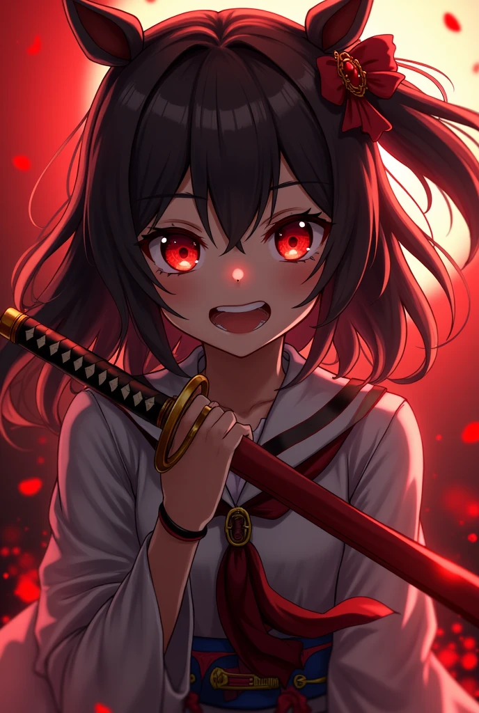 (masterpiece, best quality:1.2),2d, cowboy shot, solo, 1girl, vestia zeta, virtual youtuber, smile, looking at viewer, look serious,use katana, red eye, smile, scared smile, serious