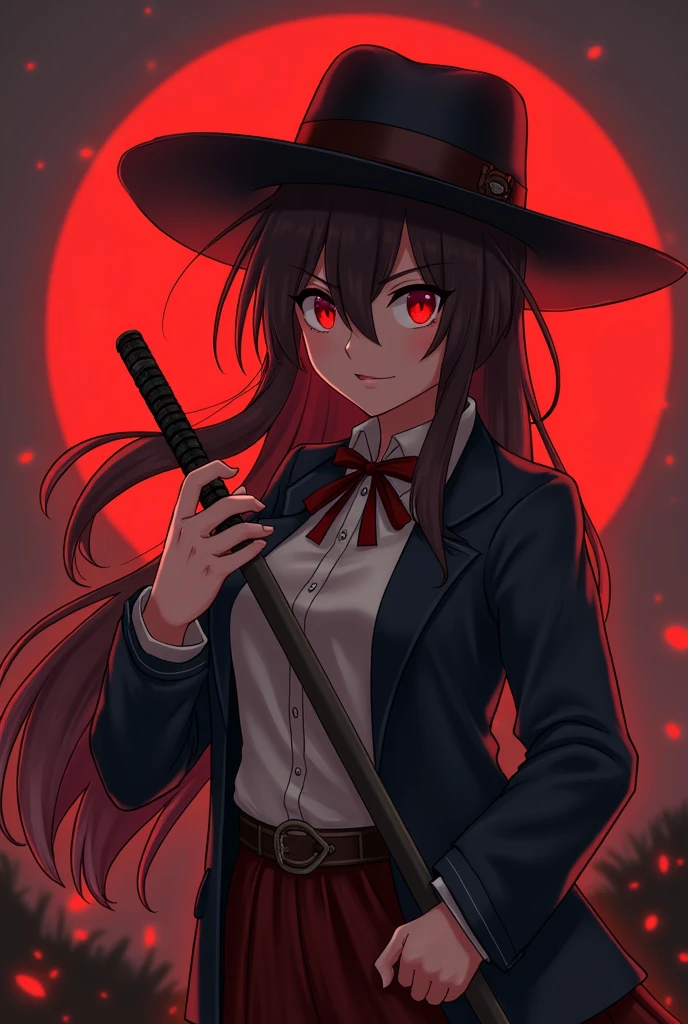 (masterpiece, best quality:1.2),2d, cowboy shot, solo, 1girl, vestia zeta, virtual youtuber, smile, looking at viewer, look serious,use katana, red eye, smile, scared smile, serious