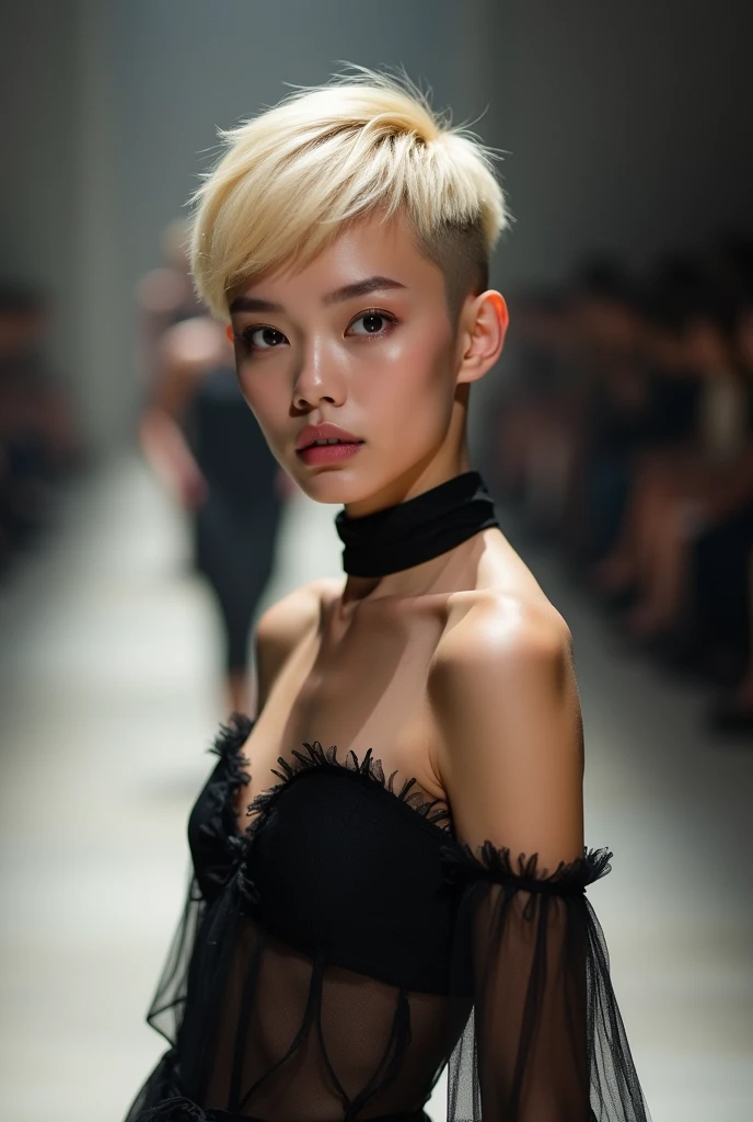 (Highest quality、4K、8k、High resolution、masterpiece:1.2)、Very detailed、(Genuine、Realistic、Realistic:1.3)、Japanese、blonde、Pixie Cut、Black choker、Fashion Model、Walking down the runway、Full body photography