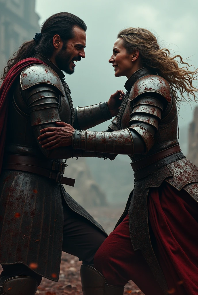 Colin O' Donoghue and Jennifer Morriaon fighting in a battle, hyperrealistic, bloody, armor, 