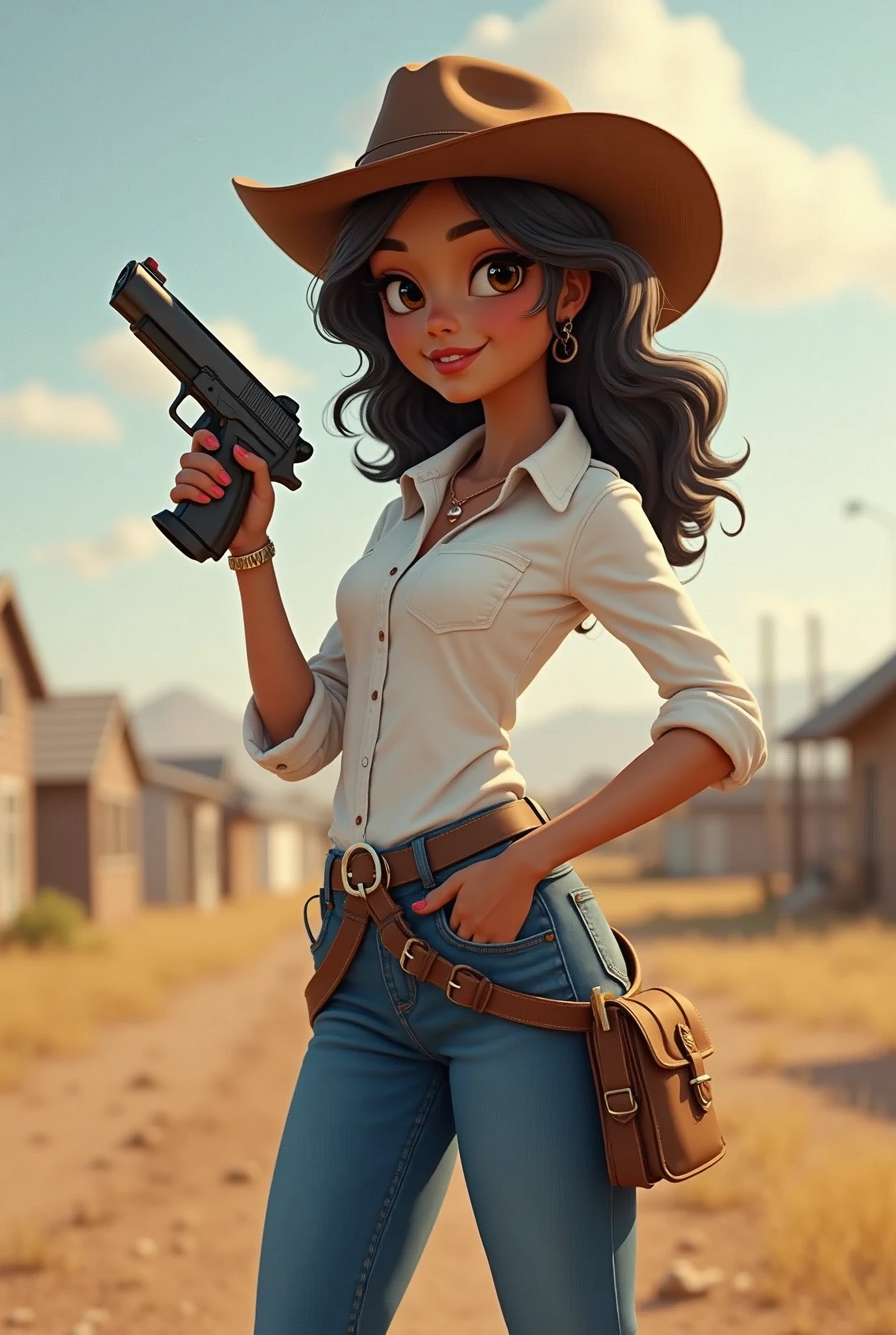 Cowgirl with soft dark skin and white shirt and brown cowgirl hat and blue jeans and brown boots hold a small power wash gun . Make it logo card 