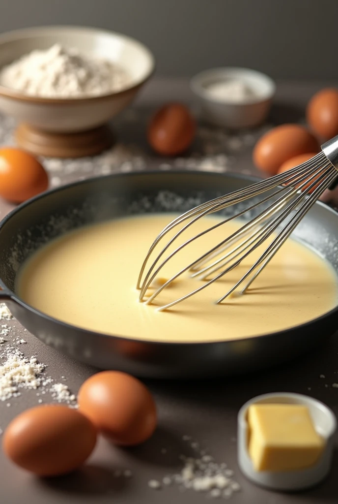 Add a mixture of an egg ,milk and flour in a pan with butter.realistic.