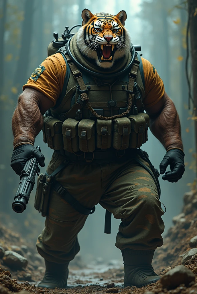 (a dark-skinned fat muscular old man in camouflage diving suit) carrying a gun in right hand, (wearing realistic roaring tiger mask), dynamic action pose, fierce expression, showcasing an imposing stature, surrounded by military elements, dramatic shadows and intense highlights, cinematic color tones, high detail, powerful, art influenced by Bruce Onobrakpeya and Stanley Artgerm, ultra-detailed, best quality image, action-packed atmosphere. fighting stance
