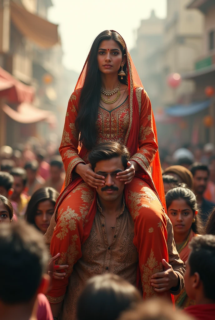 (photorealism:1.2), Pakistani wearing traditional riding on another guy's shoulders in a crowd