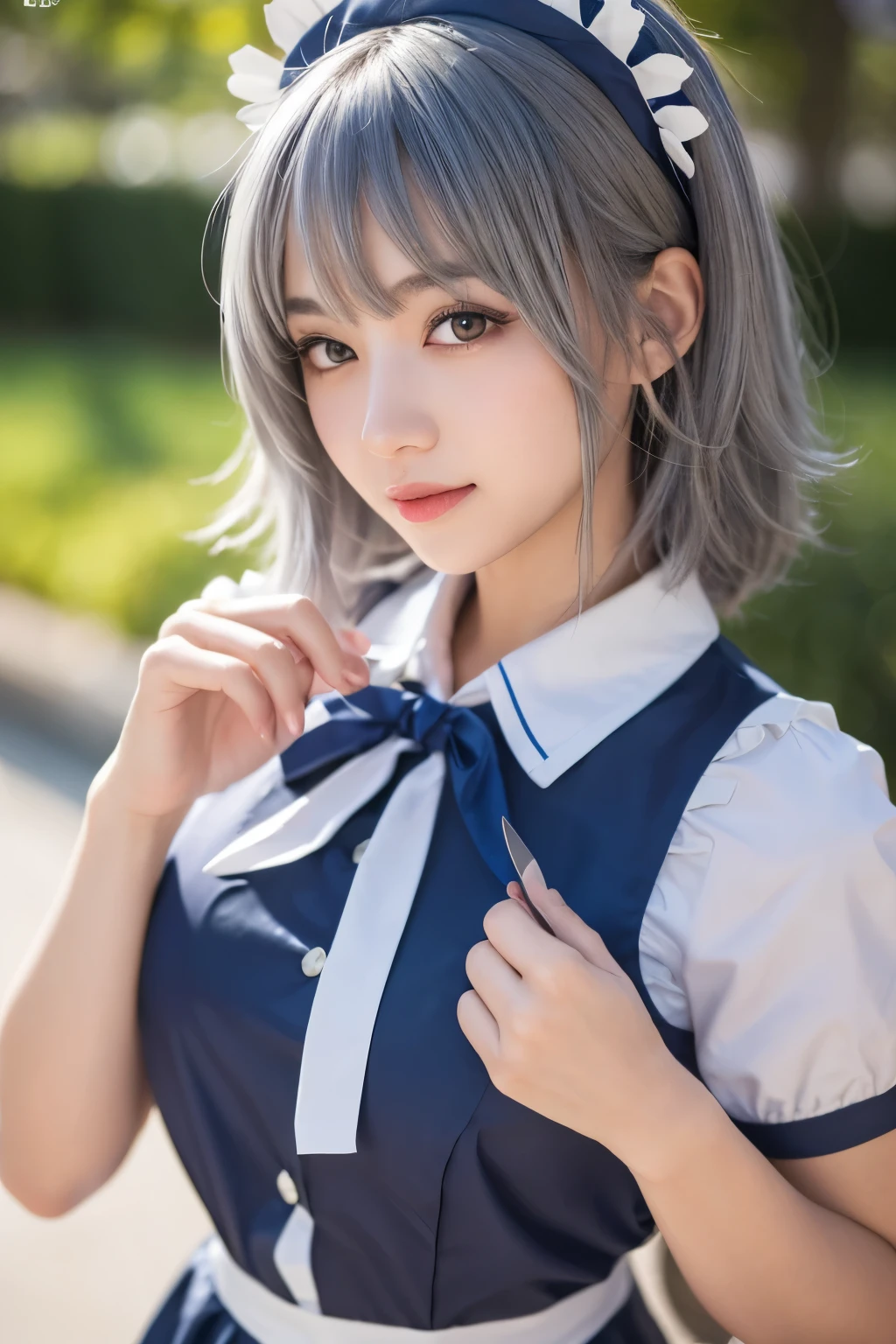 ((16 nights of divorce)), ((Oriental Project)), Cosplay, 20-year-old woman, (((Gray Hair)), ((Medium Spiky Hair)), ((Blue maid outfit)), ((White blouse)), Center of chest, (Light)))), (Pause))), (Photorealistic photography: 1.3), rim Lighting, (Skin with attention to detail:1.2), 8k ウルトラHD, Digital SLR, high quality, High resolution, 4K, 8k, Bokeh, Absurd, The optimal ratio is four fingers to one thumb, (Genuine:1.3), The cutest girl 1, Lots of knives
