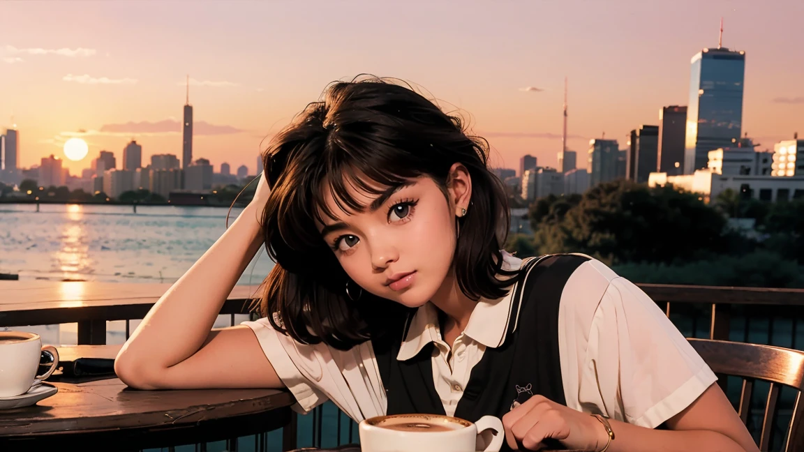 Highest quality, 8k, 1990s style,Hairstyles of the 2010s, -yeld gi Black Hair, Shortcuts, Light brown eyes, City Pop, ,sunset,Barely, whole body, Relax Coffee,table,making,look at me, Three-haired cat