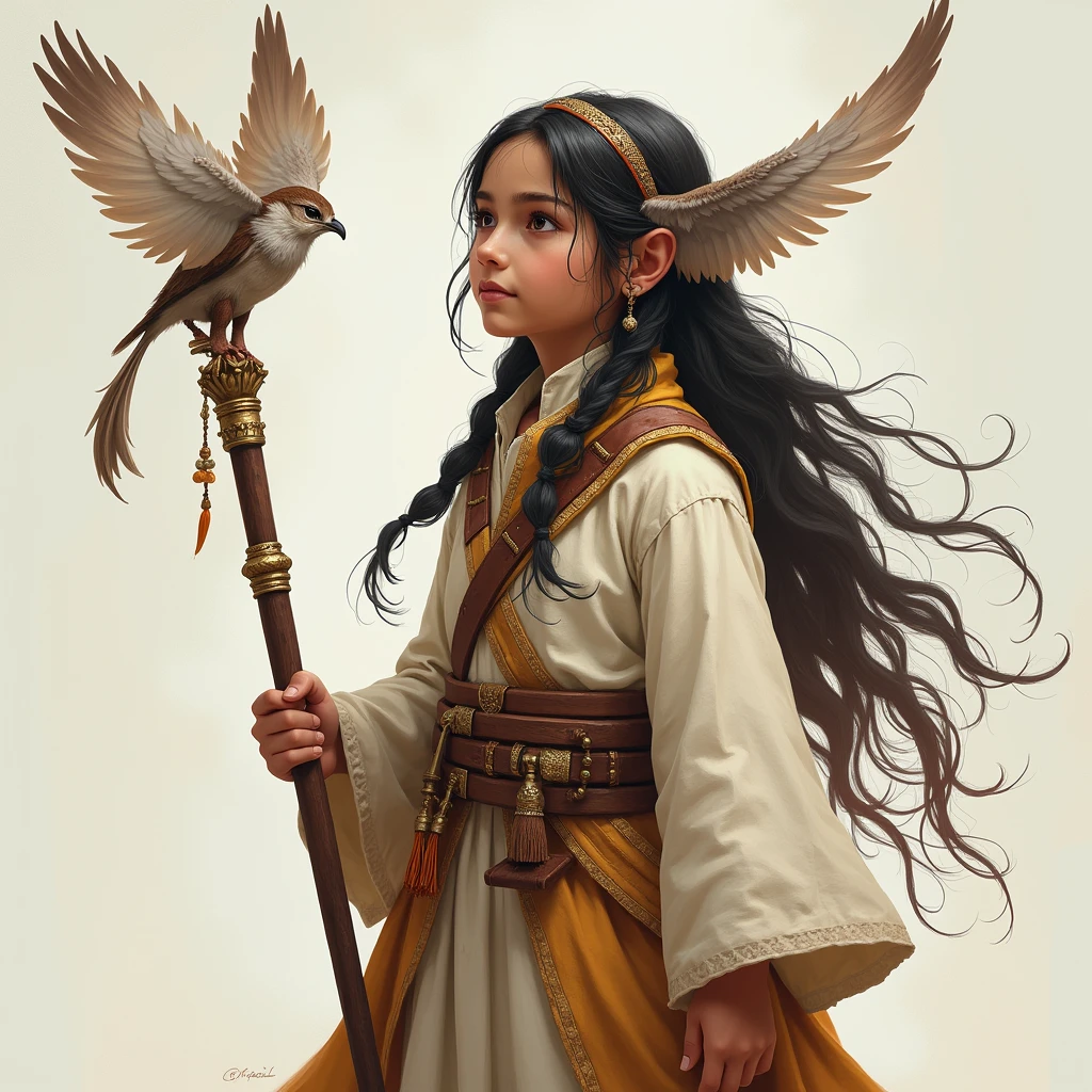 A young girl from the Sky wind Nomads, who can communicate with animals. She has long, flowing hair and carries a staff adorned with feathers.