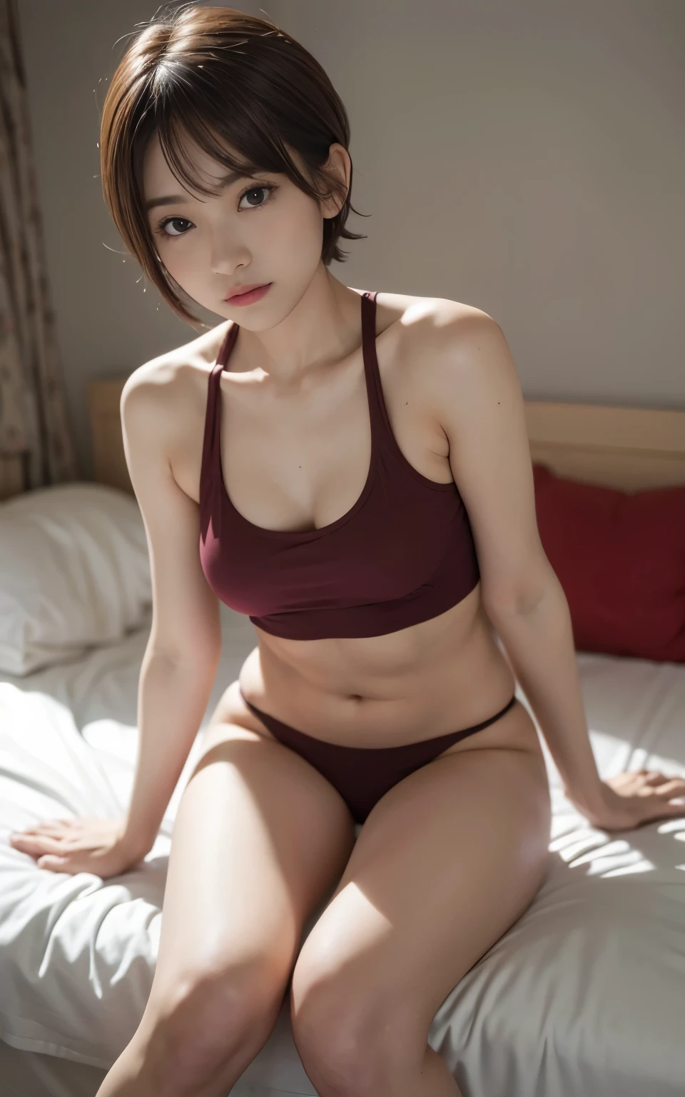 Cute 21 years old Japan、on the beds、Red tank top、Super Detail Face、Eye of Detail、double eyelid、beautiful thin nose、sharp focus:1.2、prety woman:1.4、(light brown hair,short cut hair,、top-quality、​masterpiece、超A high resolution、(Photorealsitic:1.4)、full body Esbian、