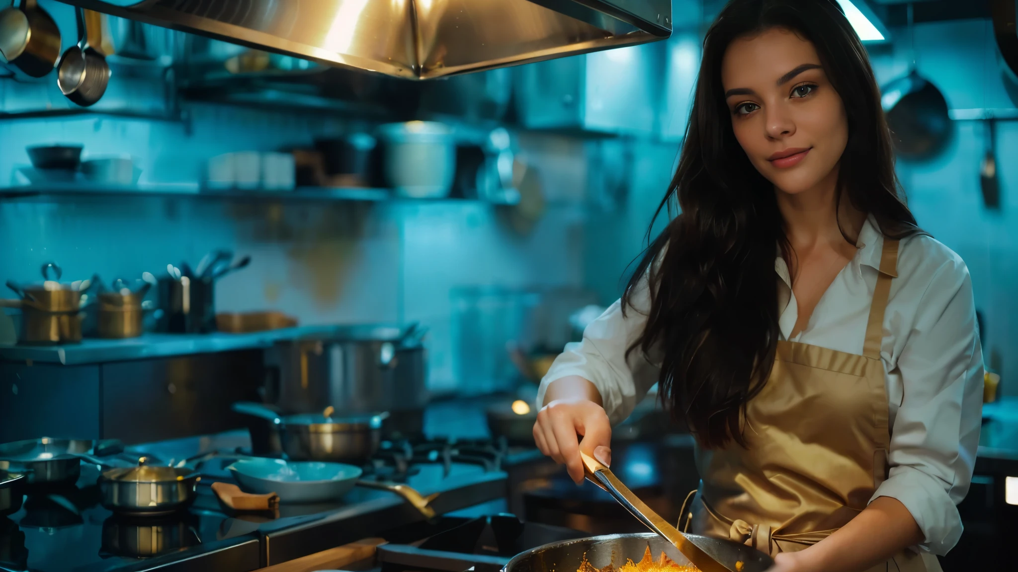 Portrait of a beautiful young adult woman, aged 35, with herself as the main subject. She has a well-defined face and eyes, long dark hair, loose and slightly messy, wearing a cook's uniform. The woman's expression is cheerful and natural, reflecting her passion and pleasure for what she is doing. She is in an indoor environment, suggesting a professional kitchen, and is stirring a metal pot, from which a slight steam comes out, suggesting that something is being prepared on the fire. The lighting in the scene is warm and soft, with golden tones that create a warm and vibrant atmosphere, contrasting with the metallic sheen of the pans and utensils in the background and creating a soft effect that creates diffuse shadows, highlighting the texture of the skin and the brightness of the eyes and emphasizing the angular features of the face. The background should be wide and blurred to give a tone of depth, keeping the main focus on the woman in her cooking activity and showing the well-equipped professional kitchen. Center the woman in the image, with the composition following the rule of thirds, highlighting her face and eyes. The color palette should be dominated by warm, metallic tones, with a contrast between the gold of the lights and the metallic grey of the utensils. The photography should capture extreme detail, with a high-quality rendering in 8k, with professional photographic quality and attention to detail that conveys the realism of a cook.