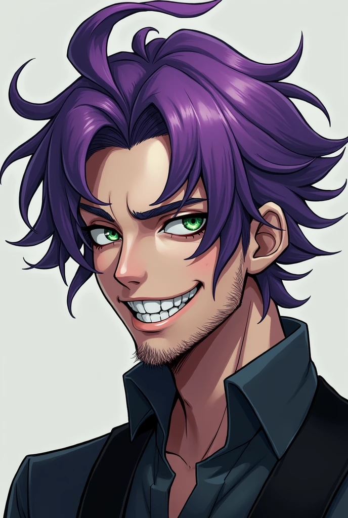 That man is handsome。Purple hair with slightly long antennae、There are dark circles under the eyes, and the eyes are green with small pupils.、The teeth are jagged like a shark's.、There is hair on the top of the head that looks like the top part of a question mark.。A grinning face with one corner of the mouth turned up。The nose is slender and beautiful.。He has thin cheeks and a beard.。