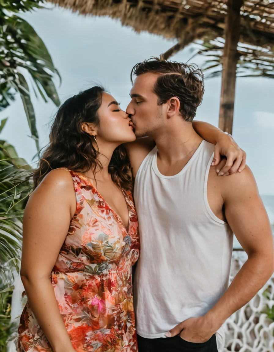 (Beauty shot:1.3), (best quality photo:1.5), 1girl between 1man, ((pretty chubby girl:1.2)), a girl wearing tropical lace dress, a man wearing casual style, (messy short wavy hair:1.3), they hugged on the villa in Bali, (kiss lips:1.2), (romantic posing:1.2), real moment, real object, kodacrhome looks, shadow, sunrise, ambient lighting, real skin, (detailed face and eyes:1.4), (very highly detailed:1.4), surreal view, (sharp focus:1.2), shot by 1Dx with 50mm lens, (dynamic angle:1.3), proportional composition