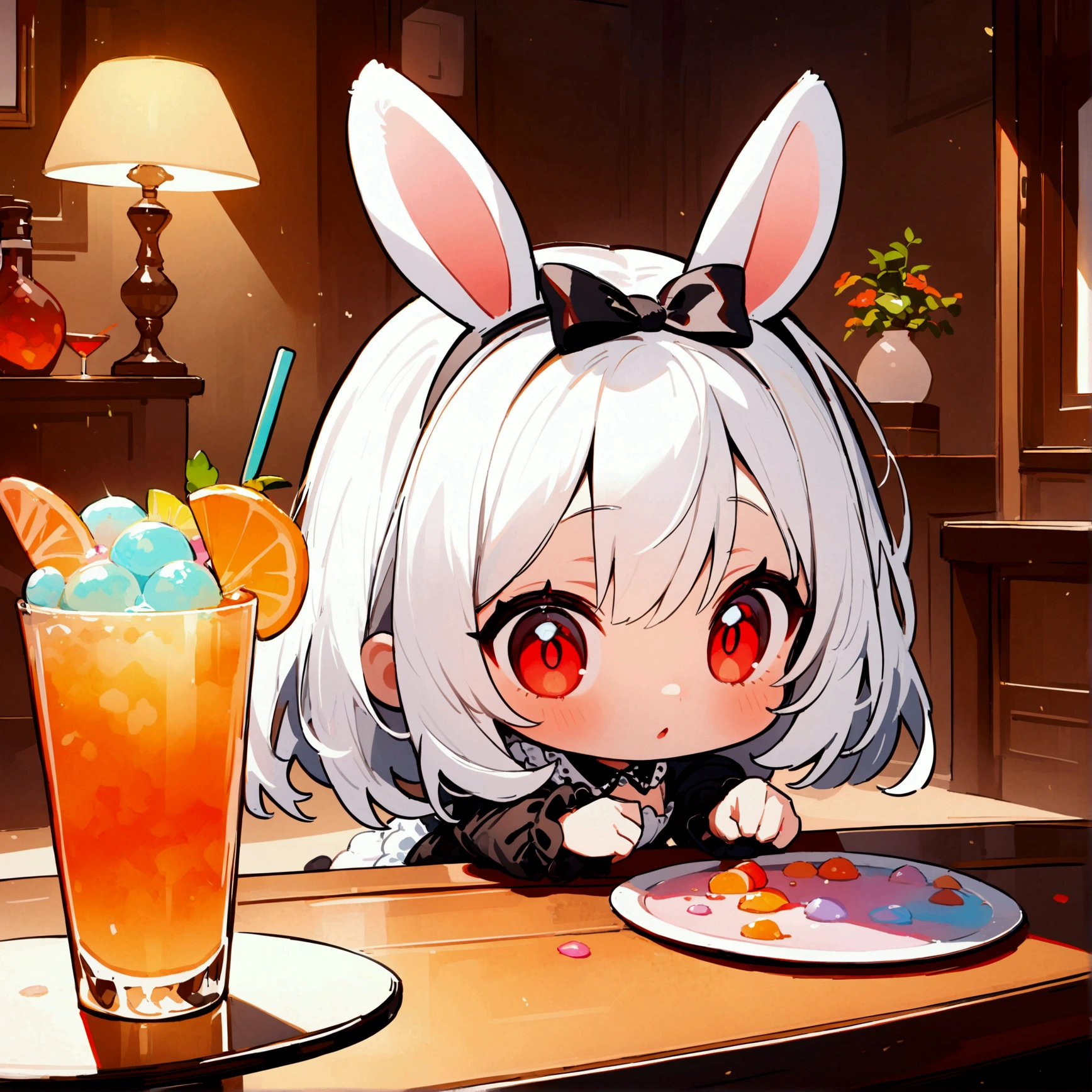(2.5D),oil painting,solo,#1 girl(2.5D,Chibi,cute,kawaii,small kid,white hair:1.4,long,hair,rabbit ear,white long dress with frill,red eyes,big eyes,skin color white,big black hairbow,thinking about somthing),#background(inside,gothic room,simple,colorful cocktail on the table),(2.5D)