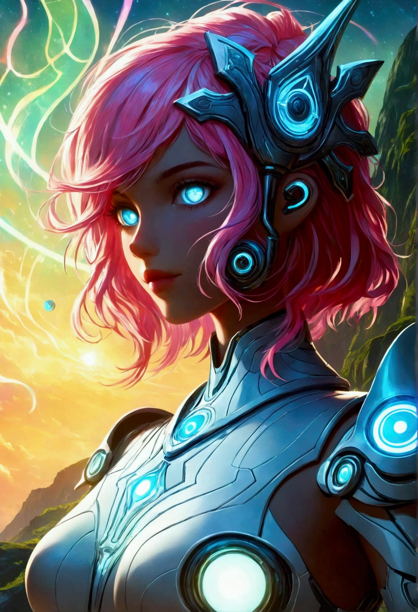 A well-known character in the metaverse, a digital and virtual realm. They are renowned for their vibrant multi-colored hair and glowing white eyes. They're often seen sporting a digital, futuristic armor suit that gleams with an array of subtle neon hues. Their iconic weapon, a radiant trident, forms a distinctive silhouette in the virtual landscape. Hovering around them are an array of floating digital symbols, a trait only possessed by the most influential personas of the metaverse.