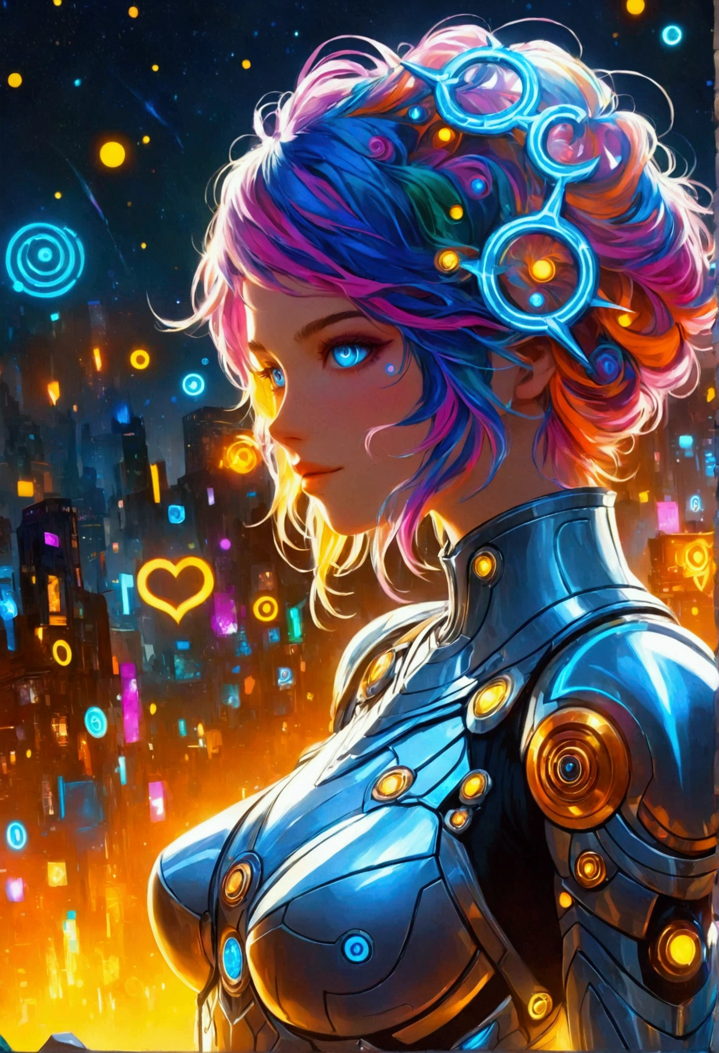 A well-known character in the metaverse, a digital and virtual realm. They are renowned for their vibrant multi-colored hair and glowing white eyes. They're often seen sporting a digital, futuristic armor suit that gleams with an array of subtle neon hues. Their iconic weapon, a radiant trident, forms a distinctive silhouette in the virtual landscape. Hovering around them are an array of floating digital symbols, a trait only possessed by the most influential personas of the metaverse.