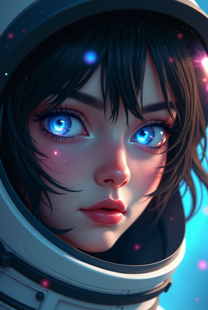 beard_newG is a woman, (Close-up of a better masterpiece:1.5)0.9], (Space and astronauts:1.2) (messy black hair:1.1) (Xanthochromia heterochromia and blue eyes:1.2) (space helmet:1.0) (colorful stars in the eyes:1.0) (A radiant glow:1.1) (thick lips:0.9) (beard_newG)