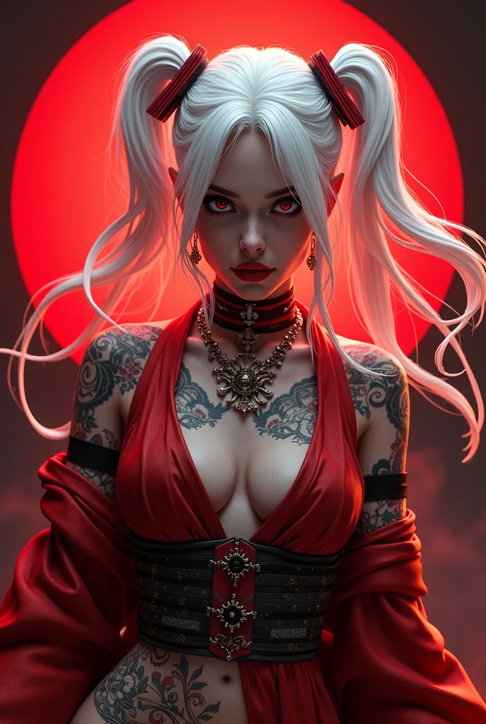 geisha. ninja. white  hair. Eyes red. tattooed. background red 