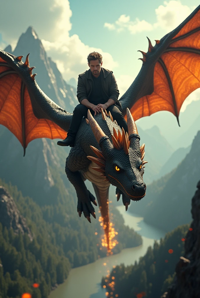 Take a detailed picture of Aegon Targaryen conquering lands on his dragon in the sky