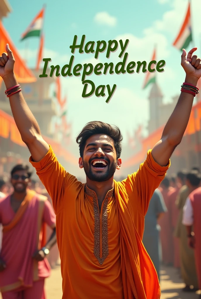 real 20-year-old boy joyfully celebrates Indian Independence Day. He is wearing traditional Indian outfts with the name "Jarjis " written on 
his attire. Above him, in the sky, the words "Happy Independence Day" are displayed in a bold font. The backdrop is flled with people 
celebrating, enhancing the festive and patriotic spirit of the day.
