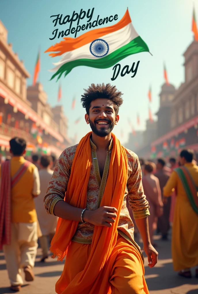 realistic Indian 18 year old boy with normal beard sitting on royal chair and celebrating India festival happy independence day with name”Santosh”style hair or smart, shoes, also a text written “Happy independence day”at top, 3D art painting real photo wit high resol
