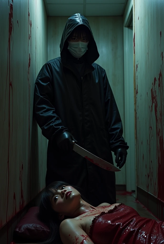 korean girl, (behind corpse, surgical mask), holding knife, stabbing, black gloves, room full of blood, black raincoat, trucker hat, holding knife, black gloves, behind corpse, blood splatter, long bangs, black wet suit, night, mass murderer, killer, robbery, dark atmosphere, cinematic lighting, atmospheric realistic,
