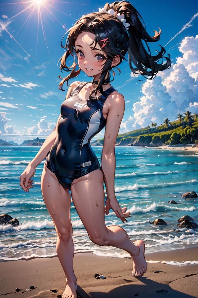 (((beautiful))), (((School Swimsuit, Daytime beach, sun, 4. Perfect figure, full body))), ((Black Hair, parted bangs, forehead, ponytail, hair ornaments, slim)), One Woman, Small breasts, Thin legs, Glowing Skin, Sweat, (((Intricate details))), High resolution, ((Intricate details, Ultra-detailed)), from front, wide shot, (looking at viewer, look at viewer), Red cheeks, smile,