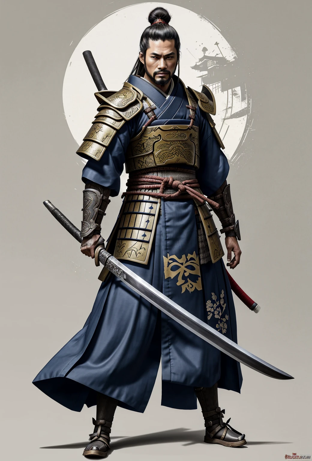 Need to create concept art of a samurai for MMORPG, centered on a Japanese setting, digital painting
