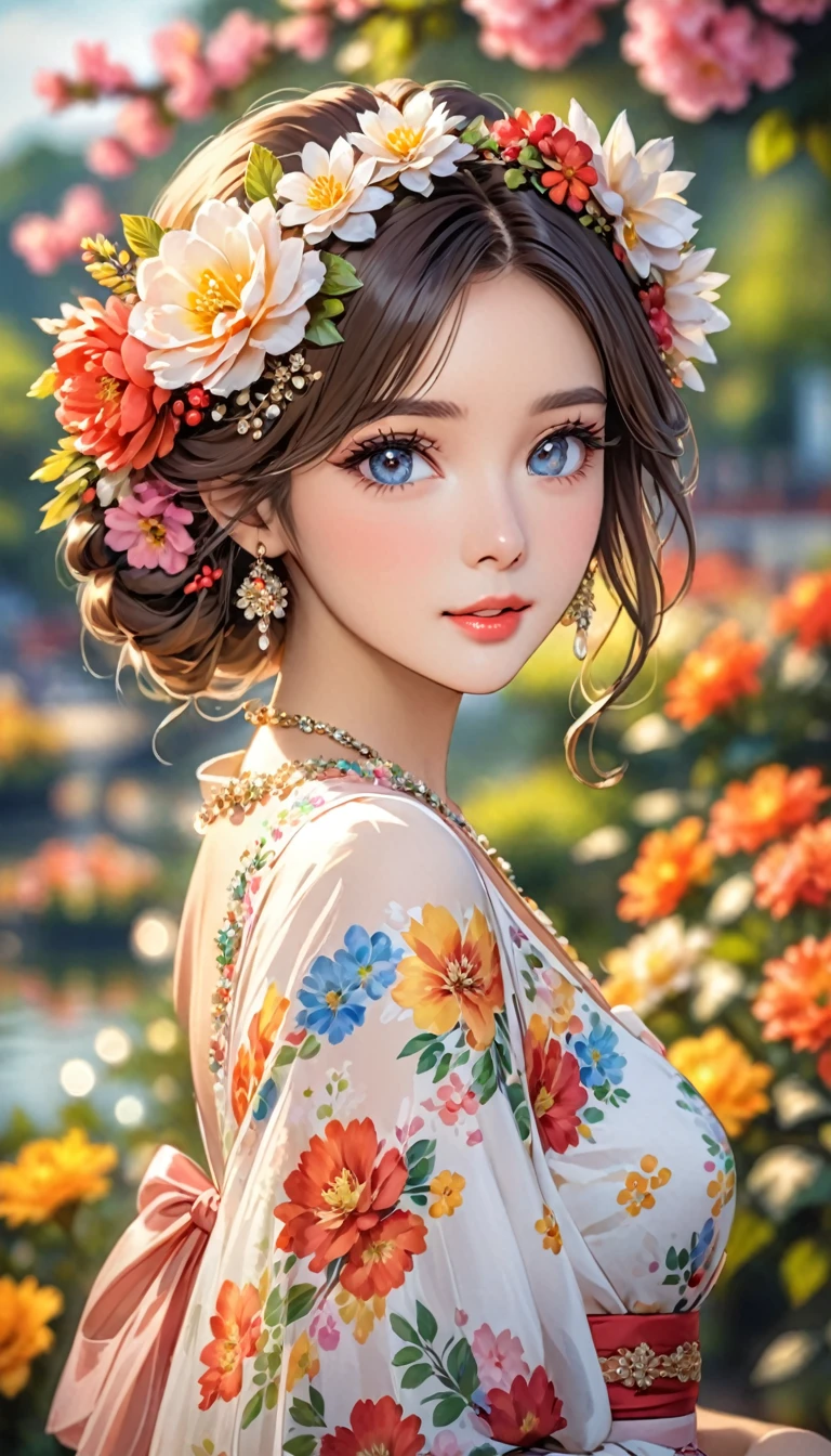 a beautiful woman wearing a dress and flower hair piece that she is holding, 1girl, solo, flower, hair ornament, hair flower, looking at viewer, blurry background, blurry, parted lips, jewelry
