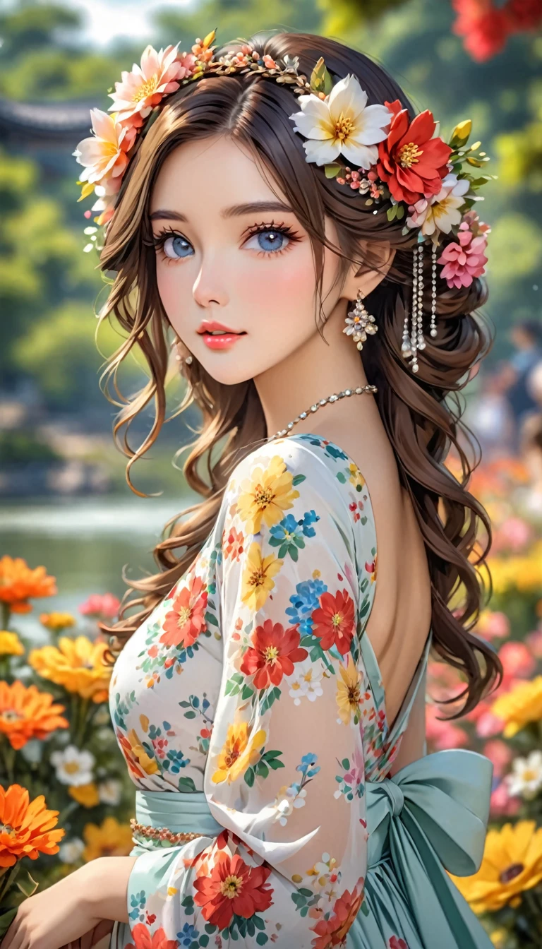 a beautiful woman wearing a dress and flower hair piece that she is holding, 1girl, solo, flower, hair ornament, hair flower, looking at viewer, blurry background, blurry, parted lips, jewelry