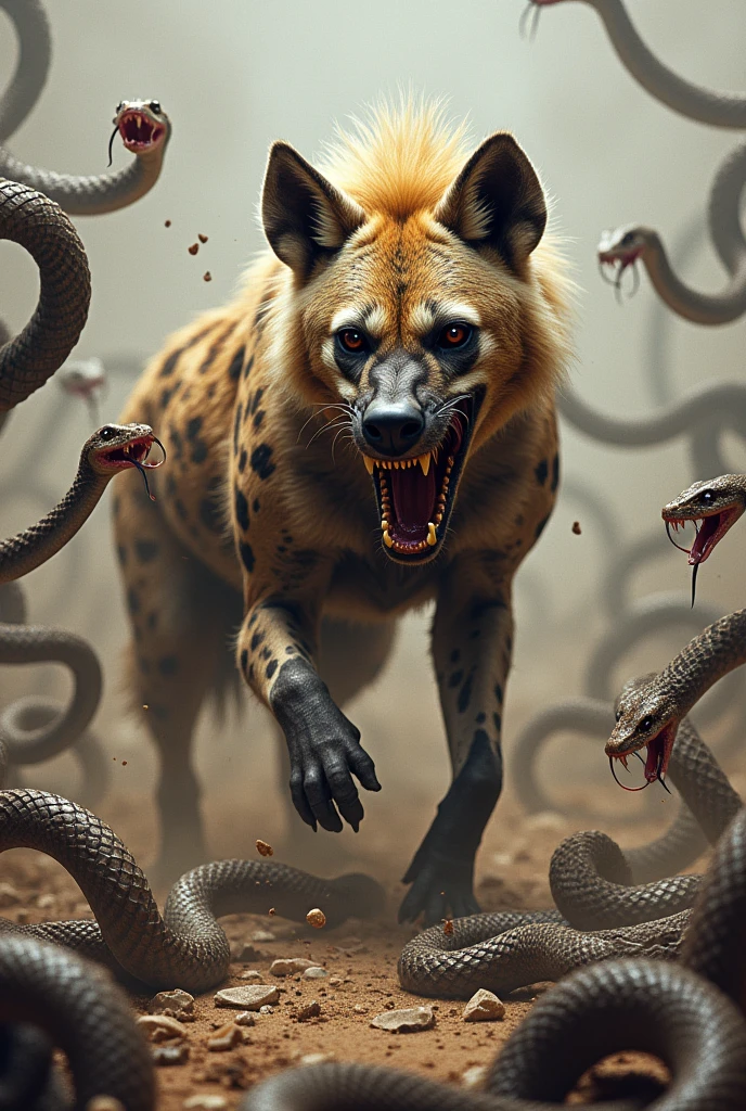 Hurt hyena battling 100 snakes (no background)