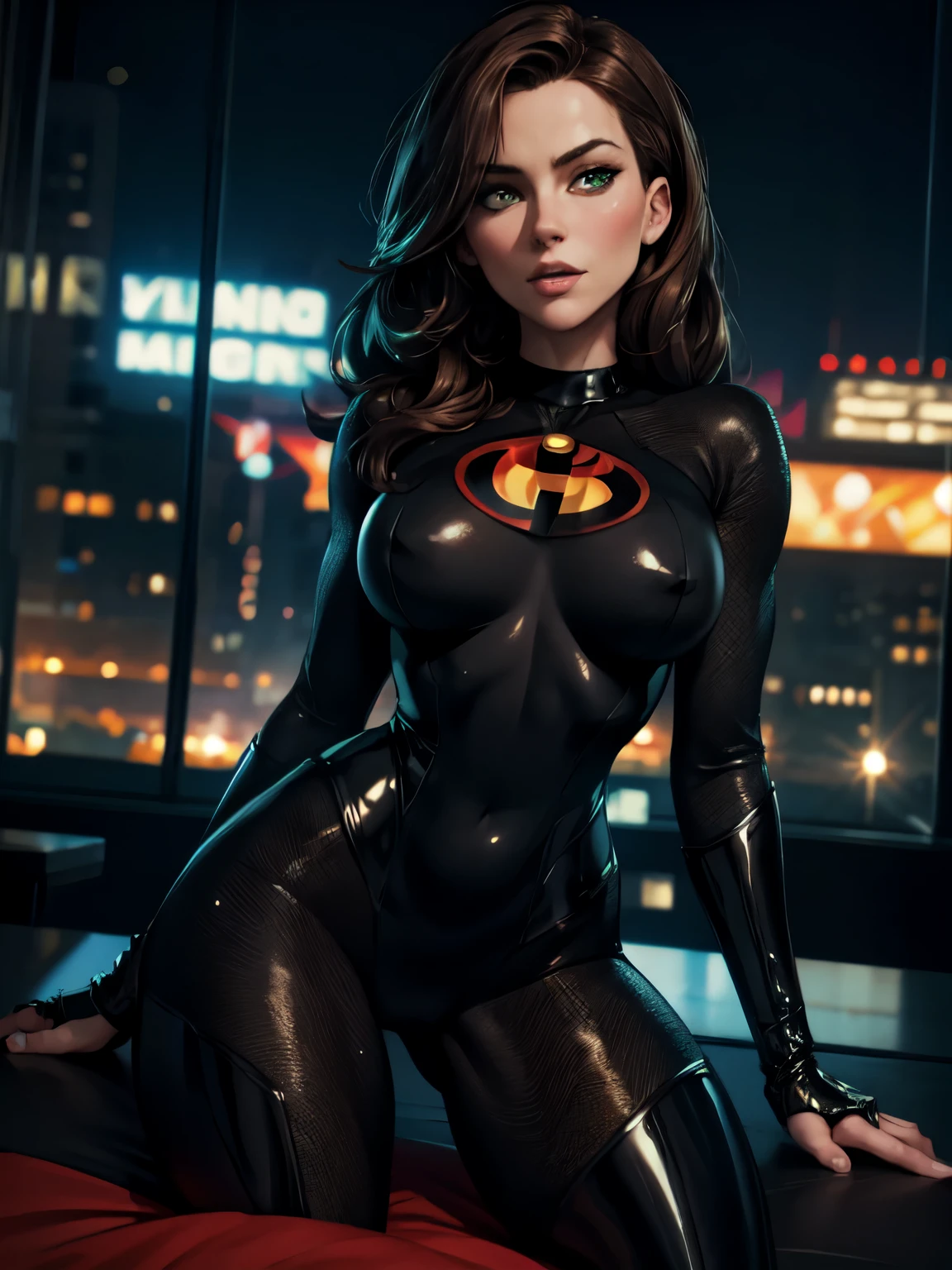 masterpiece, best quality, 4k, detailed, intricate, realistic),criminal convinces super sexy heroine in tight superhero costume to suck his cock, mask, night, skyscraper, helenparr,sexy costume, detailed face, city, detailed body, Intricate, High Detail, Sharp focus, studio lighting, detailed, detailed face, sexy, Helen Parr, normal body, fair skin, green eyes, playful, Kate Beckinsale