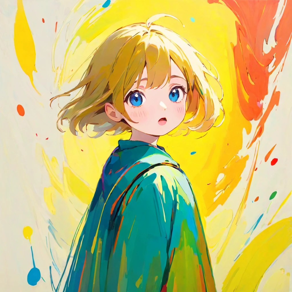 There is a hero、A girl looking enviously, Amy Earls, abstract expressionism, Looks boring, gesture, Whimsical、Transform、