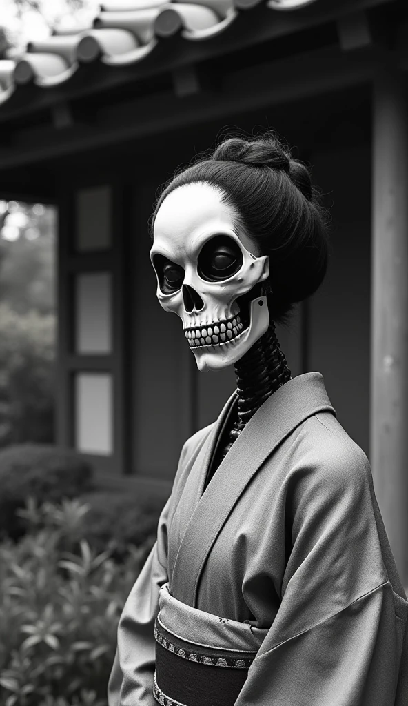 In the garden of a Japanese house、Black and white photo of a yokai resembling a Japanese woman in a kimono。The face is skeletal, human and mechanical.。