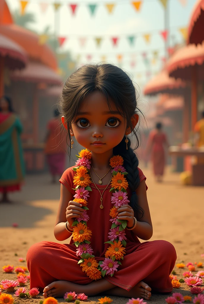 A poor Bengali girl sitting on a middle of fair with garland in her hand