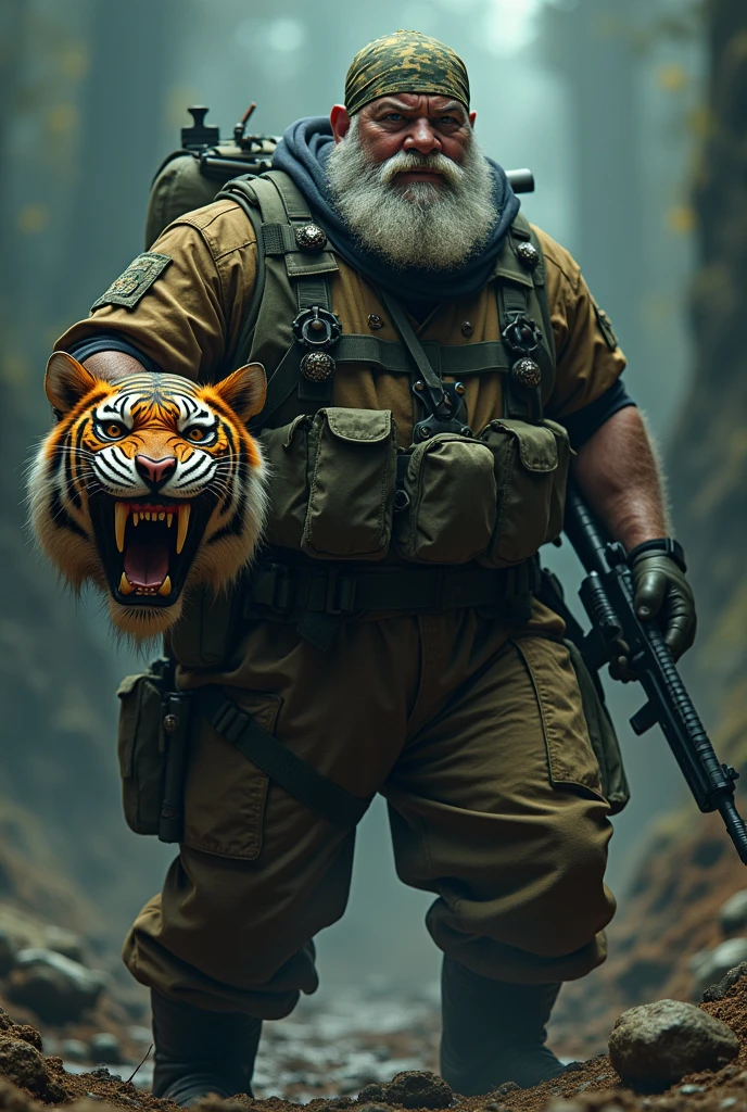 (a dark-skinned fat muscular bearded old man in camouflage diving suit) carrying a gun in right hand, (carrying realistic roaring tiger mask in left hand), (wearing army camouflage bandana, dynamic action pose, fierce expression, showcasing an imposing stature, surrounded by military elements, dramatic shadows and intense highlights, cinematic color tones, high detail, powerful, art influenced by Bruce Onobrakpeya and Stanley Artgerm, ultra-detailed, best quality image, action-packed atmosphere. fighting stance