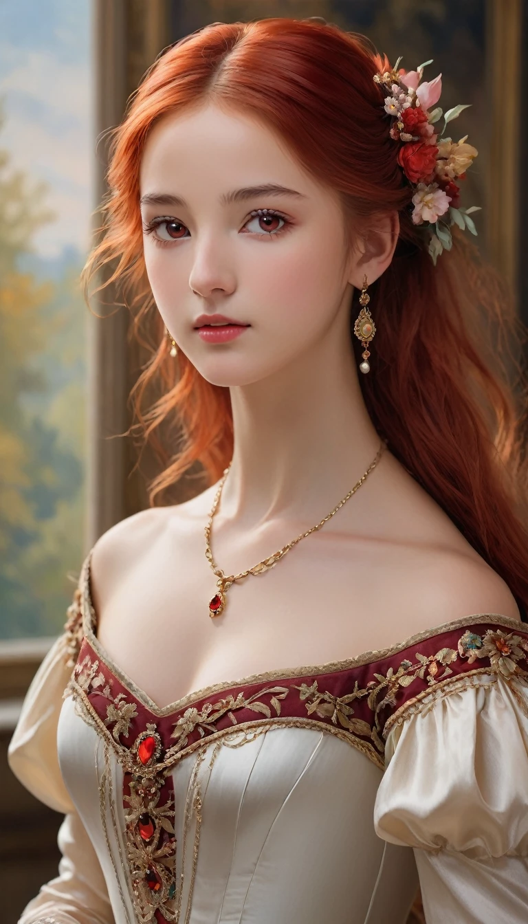 (High resolution,masterpiece:1.2),(Realistic:1.37)"(Highest quality, High resolution, Very detailed, Realistic),Beautiful portrait of a 16-year-old French ballet dancer from the 19th century, (She is half Scottish and half Japanese., She is a stunning beauty with dark red eyes and a high nose.:1.1), Exquisite ballet costumes, Detailed facial features, Long and graceful neck, Ruby Necklace, Flowing locks of red hair, Calm and elegant posture, Soft and delicate lighting, Classical Oil Painting Medium, Vibrant colors, Delicate background with flame motif", Dreamy atmosphere, Surrealism,Mysterious Aura
