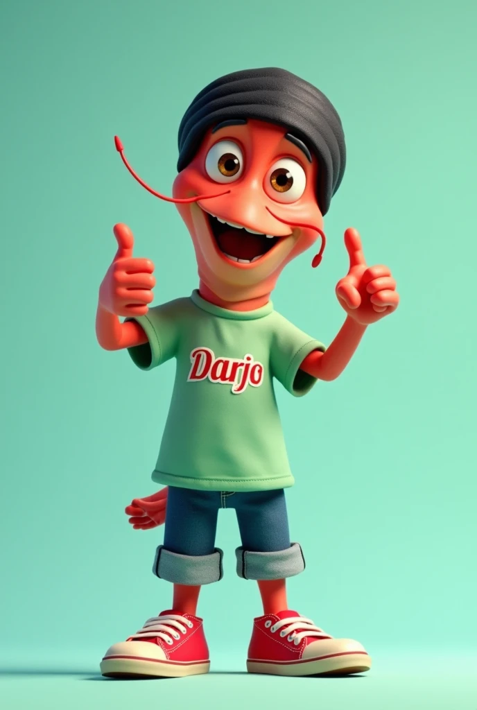 Create an 4D realistic animated character named [Darjo], designed to be the iconic mascot for Sidoarjo, in the style of cartoon movie animation. [Darjo] is a charming shrimp with a unique twist—he has human-like arms and legs. His large, round brown eyes are full of energy and friendliness, inviting everyone to engage with him. Darjo wears a light green muslim shirt with the name "Darjo" proudly displayed across the chest, paired with sarong traditional sarong that show off his quirky style. His feet are clad in bright red canvas sandals, adding a playful and youthful vibe to his appearance. To top it all, Darjo wearing 
black muslim head coverings, which is a nod to Sidoarjo's cultural heritage. The overall design should exude warmth, approachability, and a sense of pride in representing the vibrant city of Sidoarjo. A cheerful cartoon Darjo character with pose  stands in a dynamic pose, giving a thumbs-up with one hand while its legs are clad in rolled-up denim pants and red sneakers. The background is a soft turquoise, enhancing the lively and playful vibe of the character.