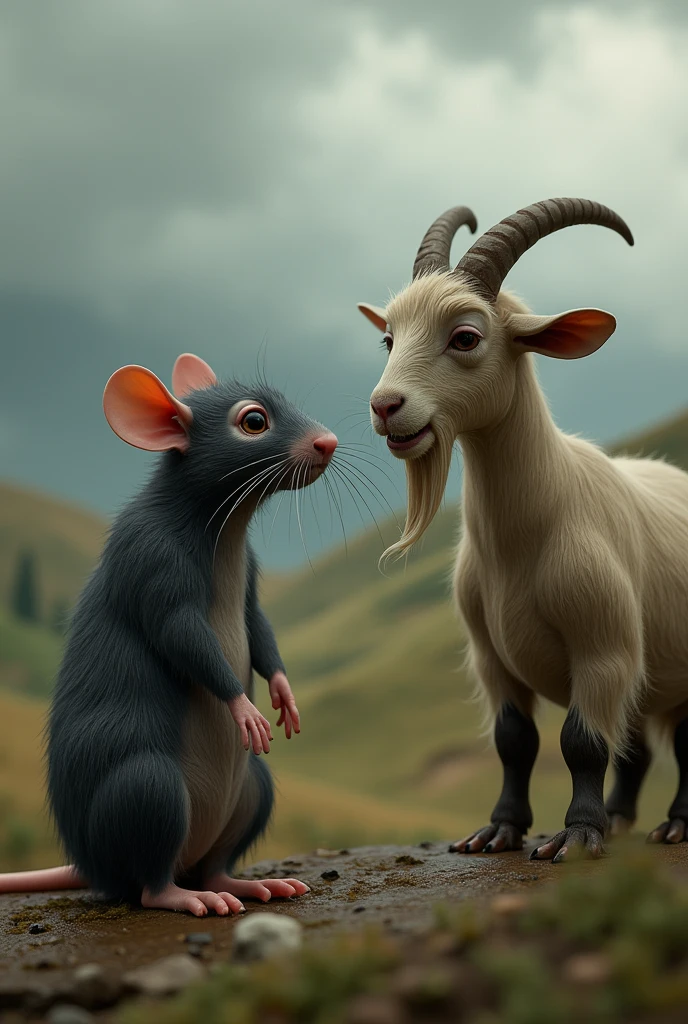 A crying rat talking to a goat 